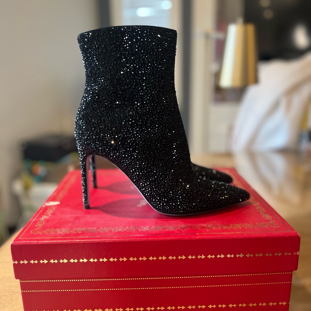 Rene Caovilla Virginie Black Glitter Heeled Boots, Sz 9